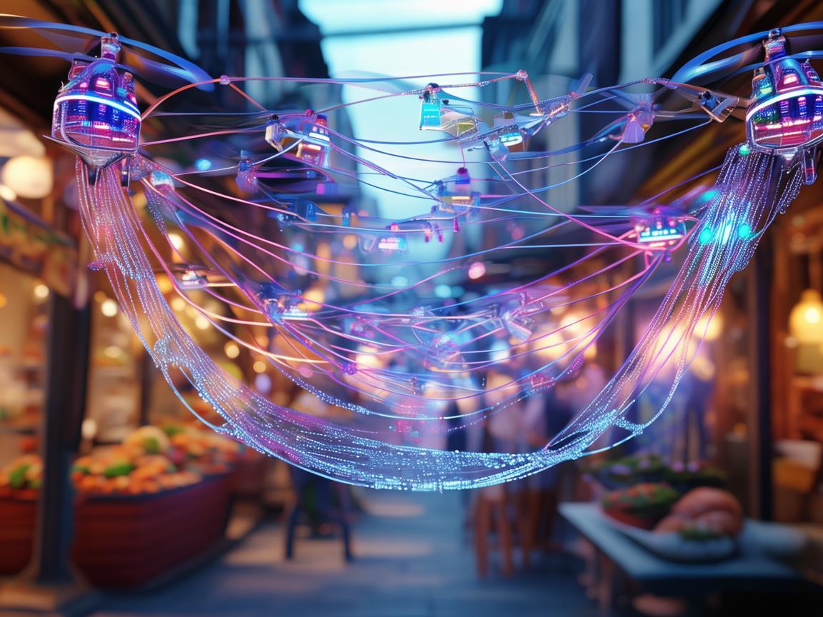 美食街上空的无人机通讯纽带