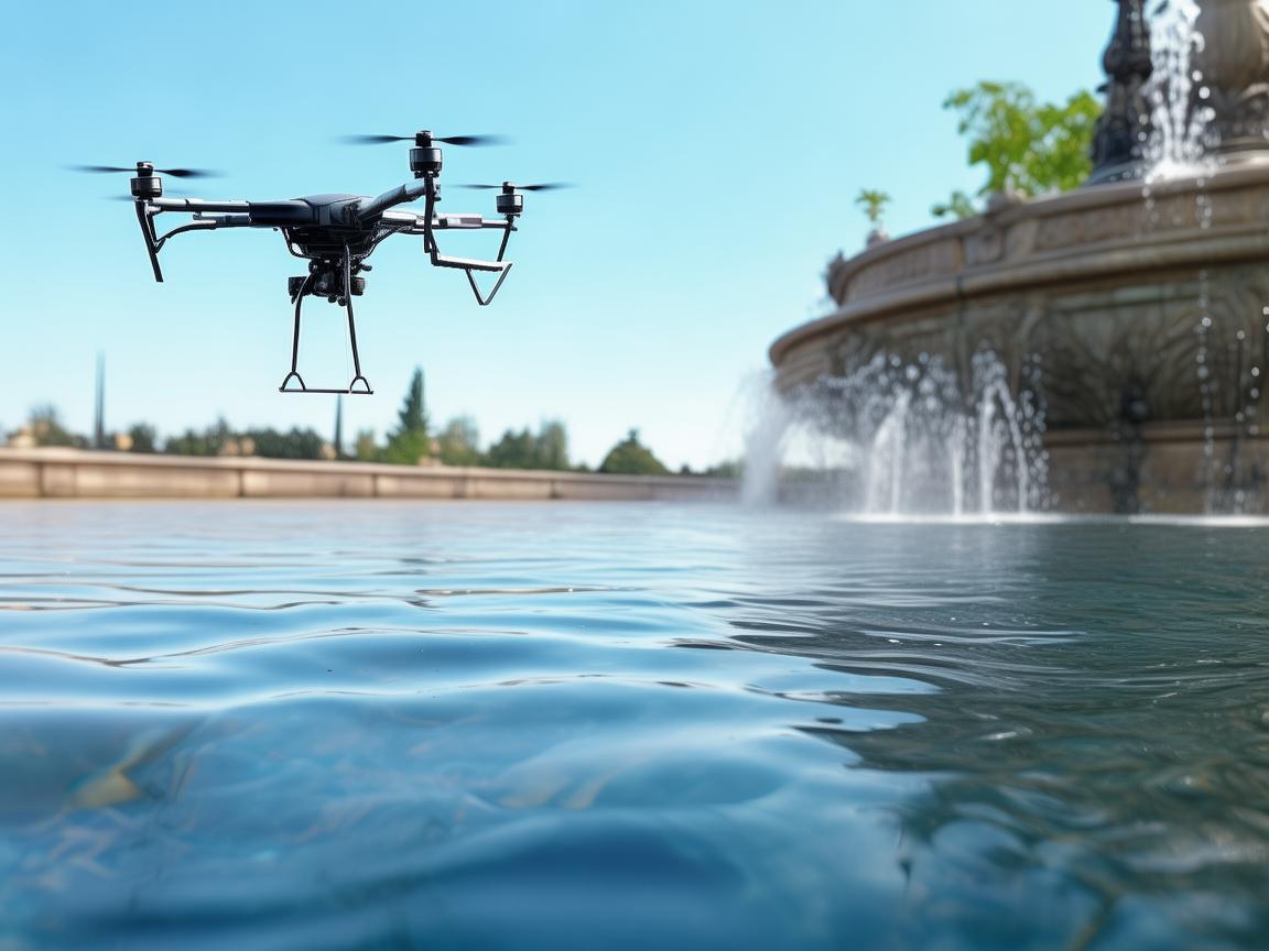 广场喷泉上空的无人机通讯联络