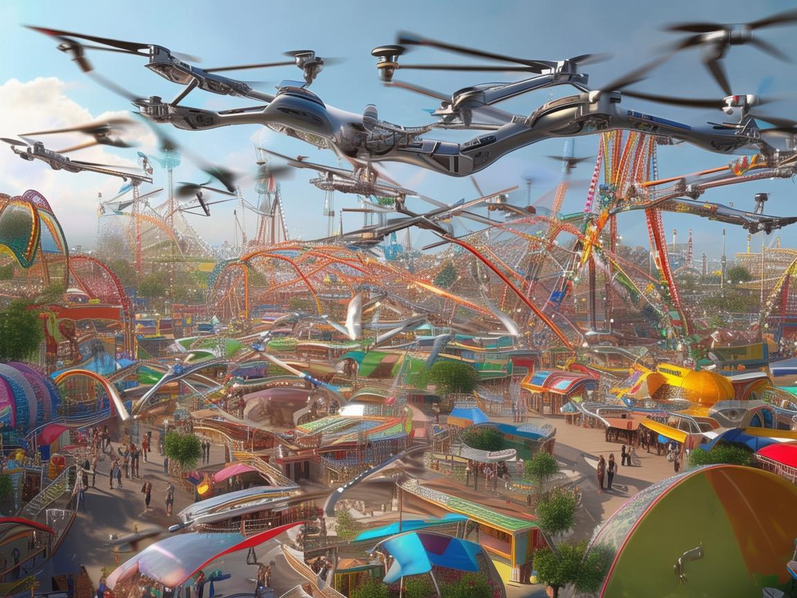 主题公园中的无人机通讯联络，科技与欢乐的交织