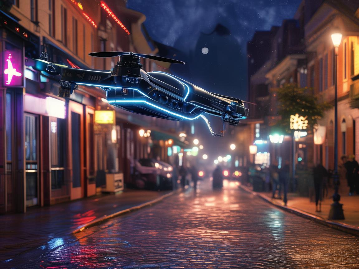 酒吧街无人机通讯联络，科技与夜色的交融